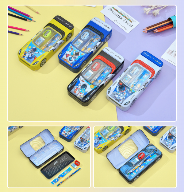 Astronaut Themed Car Shaped Pencil Case, Containing a Pencil Case Set of Stationery.