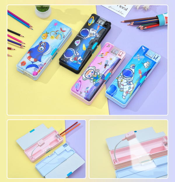Space Themed Double-Sided Flip Pencil Case, Cartoon Patterned Pencil Case with a Small Pencil Sharpener.