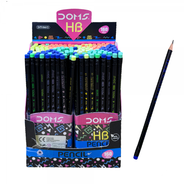Ordinary Pencil, a Non Toxic Black Pencil with an Eraser and a Pen Body with Colored Text and Patterns.