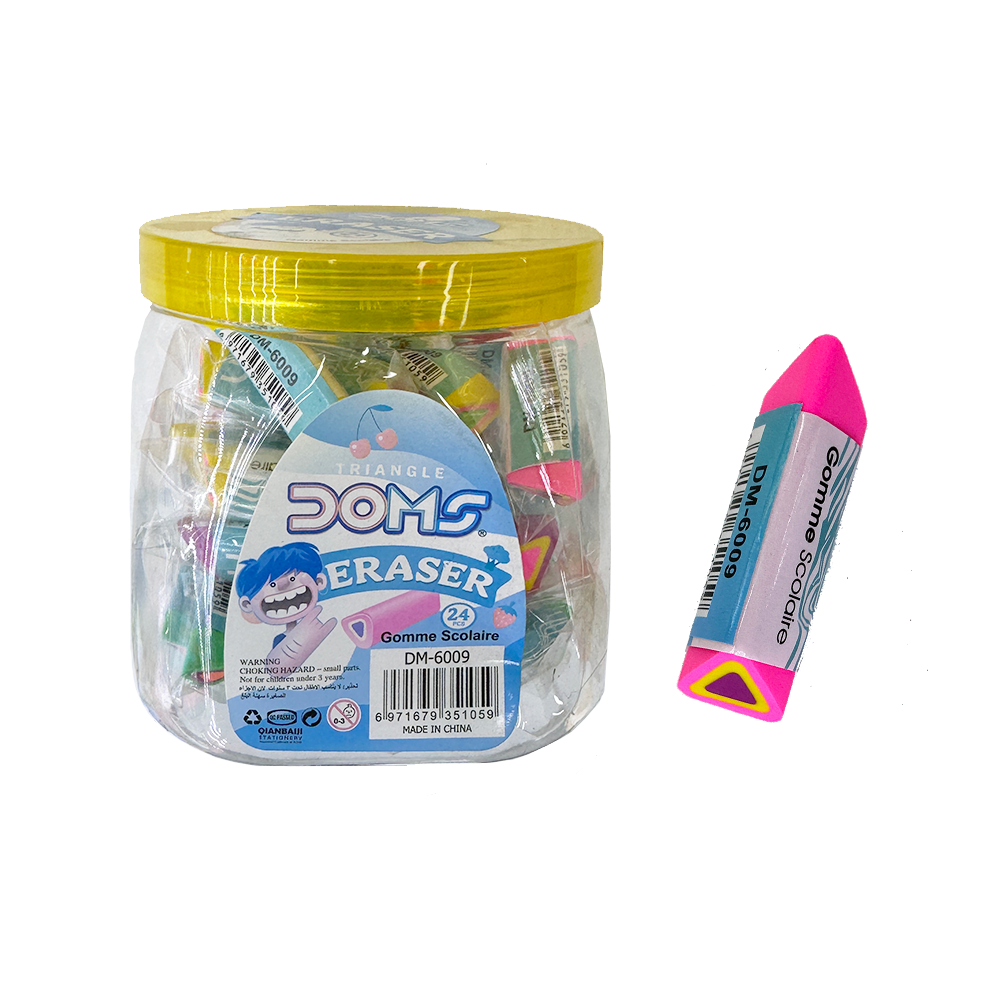 Triangle Eraser, Colored Sandwich Eraser, Packaged in Plastic Drums.