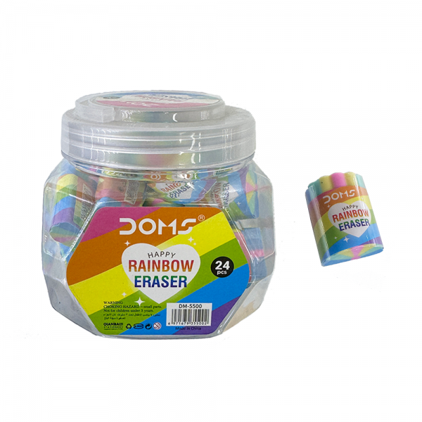 Rainbow Colored Small Eraser, Packaged in a Plastic Bucket.