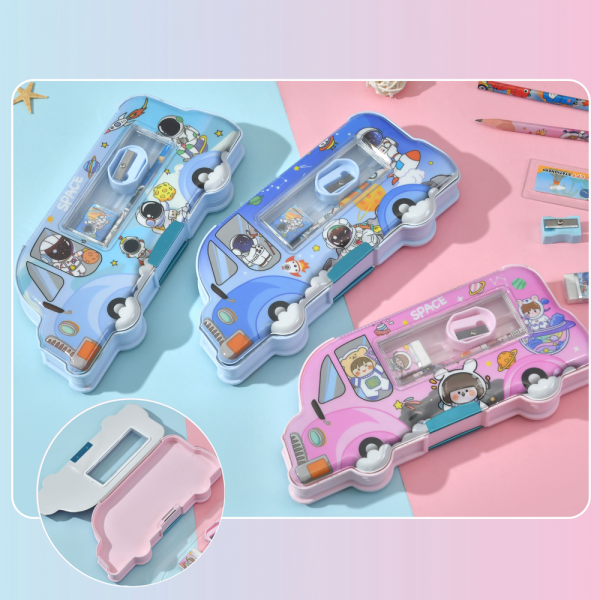 Cartoon Bus Shaped Double-Sided Flip Pencil Case